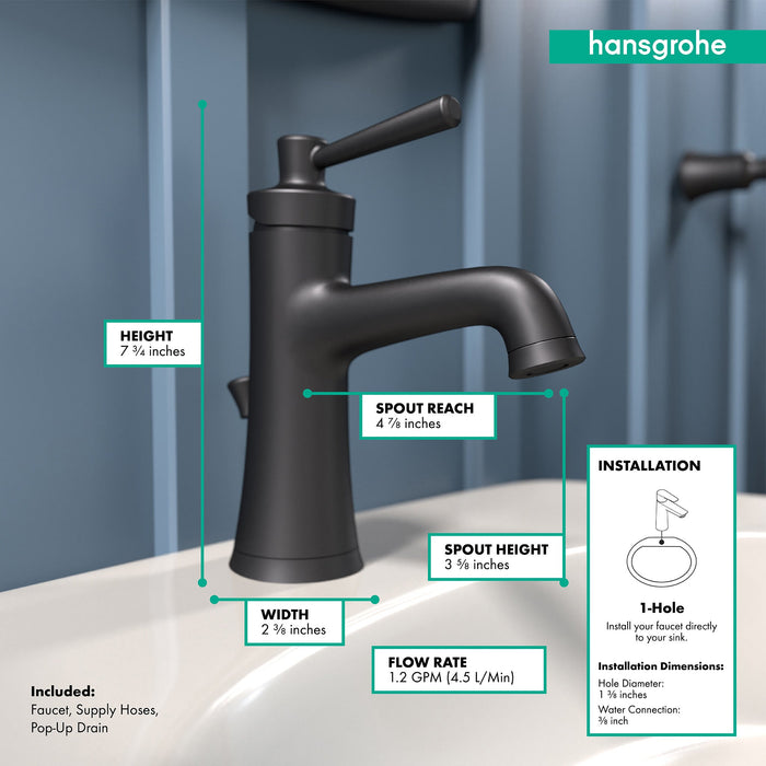 hansgrohe Joleena Single-Hole Faucet 100 with Pop-Up Drain, 1.2 GPM
