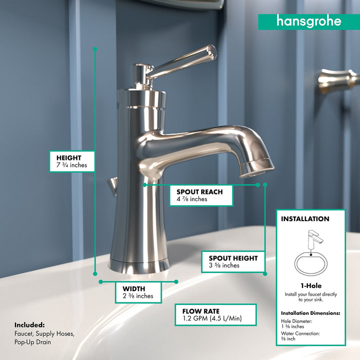 hansgrohe Joleena Single-Hole Faucet 100 with Pop-Up Drain, 1.2 GPM