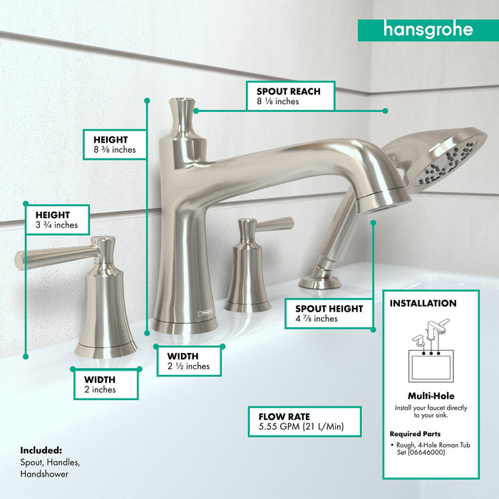 hansgrohe Joleena 4-Hole Roman Tub Set Trim with 1.75 GPM Handshower, brushed nickel - view 4