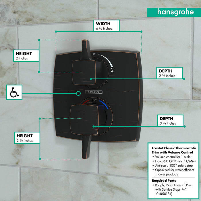 hansgrohe Ecostat Classic Thermostatic Trim with Volume Control, Square