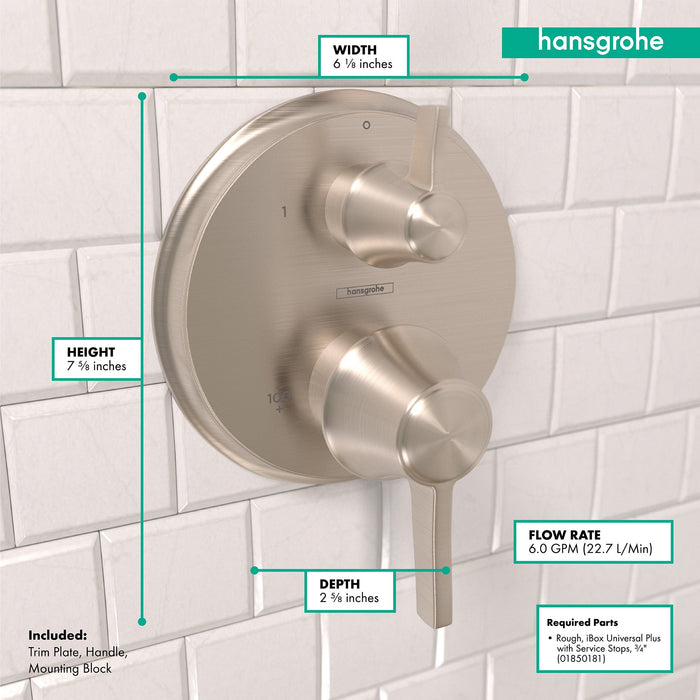 hansgrohe Ecostat Classic Thermostatic Trim with Volume Control, Round, brushed nickel - view 4