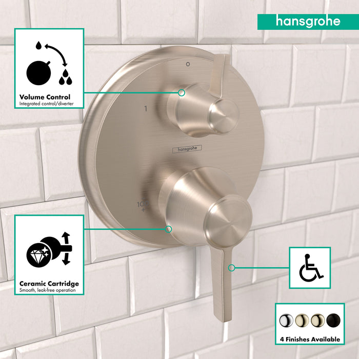 hansgrohe Ecostat Classic Thermostatic Trim with Volume Control and Diverter, Round, brushed nickel - view 3