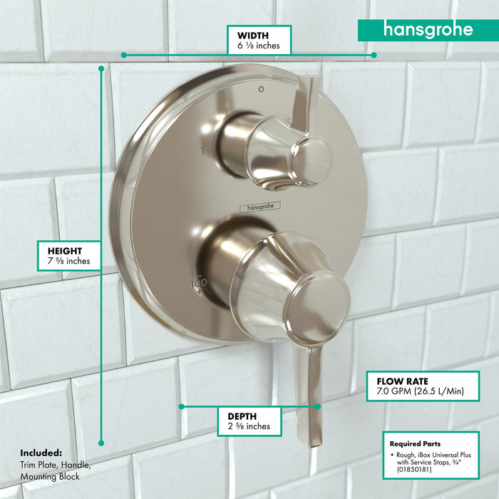 hansgrohe Ecostat Classic Thermostatic Trim with Volume Control and Diverter, Round, polished nickel - view 4
