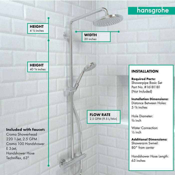 hansgrohe Croma Showerpipe 220 1-Jet, 2.5 GPM