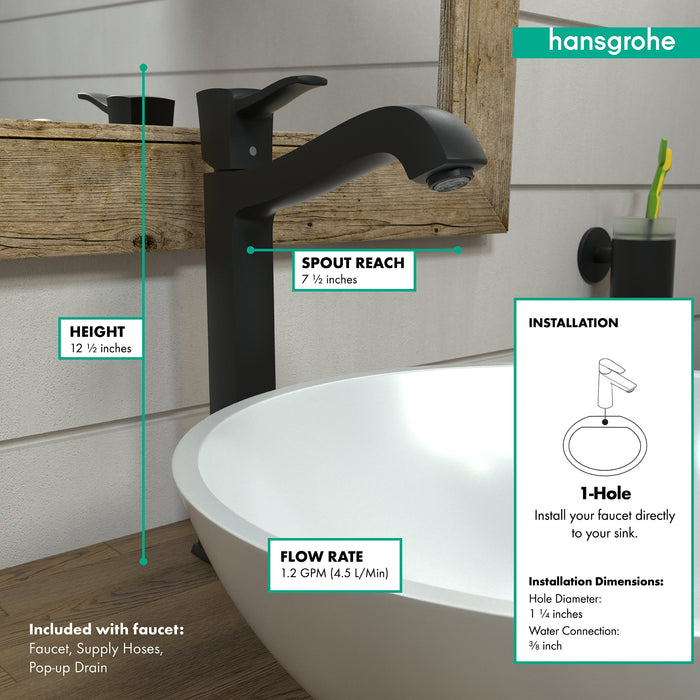 hansgrohe Metropol Classic Single-Hole Faucet 260 with Pop-Up Drain, 1.2 GPM, matte black - view 3