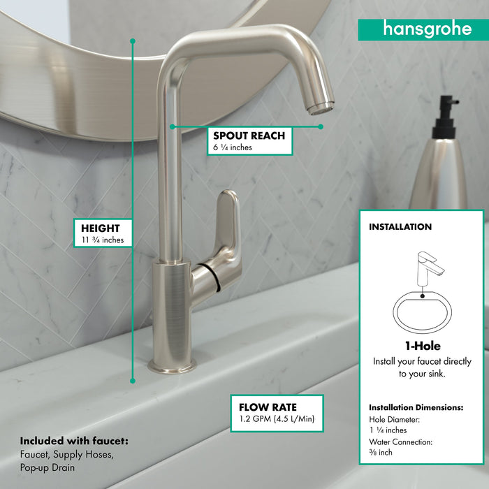 hansgrohe Focus Single-Hole Faucet 240 with Swivel Spout and Pop-Up Drain, 1.2 GPM, brushed nickel - view 4