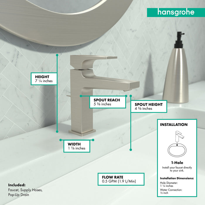 hansgrohe Metropol Single-Hole Faucet 110 with Lever Handle and Pop-Up Drain, 0.5 GPM