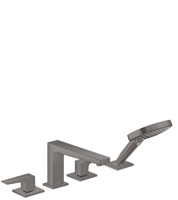 hansgrohe Metropol 4-Hole Roman Tub Set Trim with Lever Handles and 1.75 GPM Handshower, brushed black chrome