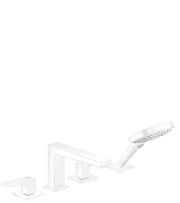 hansgrohe Metropol 4-Hole Roman Tub Set Trim with Lever Handles and 1.75 GPM Handshower, matte white
