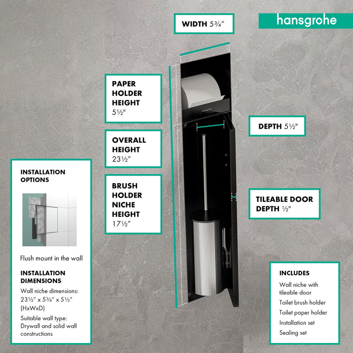 hansgrohe XtraStoris Rock Recessed Toilet Brush Holder with Toilet Paper Holder & Tileable Door, matte black - view 2