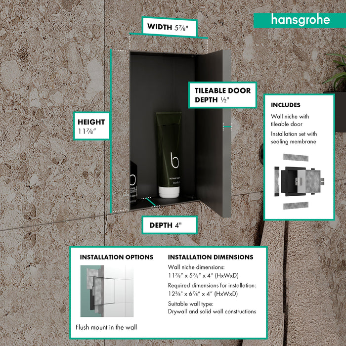 hansgrohe XtraStoris Rock Wall Niche with Tileable Door 12"x 6"x 4", matte white - view 2
