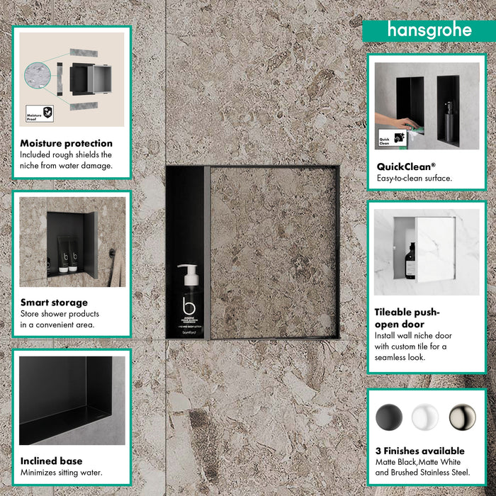 hansgrohe XtraStoris Rock Wall Niche with Tileable Door 12"x 12"x 5.5", matte black - view 2