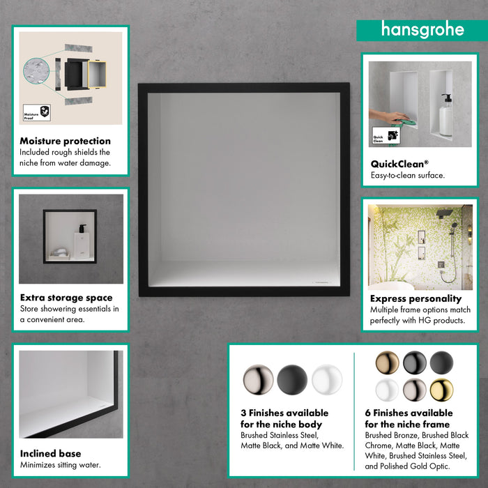 hansgrohe XtraStoris Individual Wall Niche Matte White with Design Frame 12"x 12"x 4"