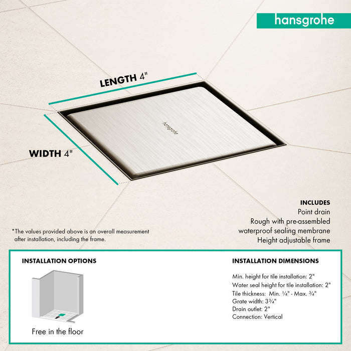 hansgrohe RainDrain Brilliance Point Drain Set 4"x 4" Trim Tileable Rear Cover and Rough, brushed stainless steel - view 4