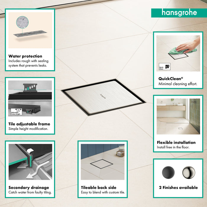 hansgrohe RainDrain Brilliance Point Drain Set 4"x 4" Trim with Height Adjustable Frame and Rough, brushed stainless...