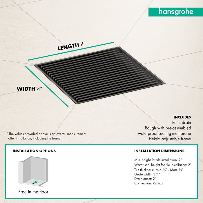 hansgrohe RainDrain Brilliance Point Drain Set 4"x 4" Trim with Height Adjustable Frame and Rough, brushed stainless...