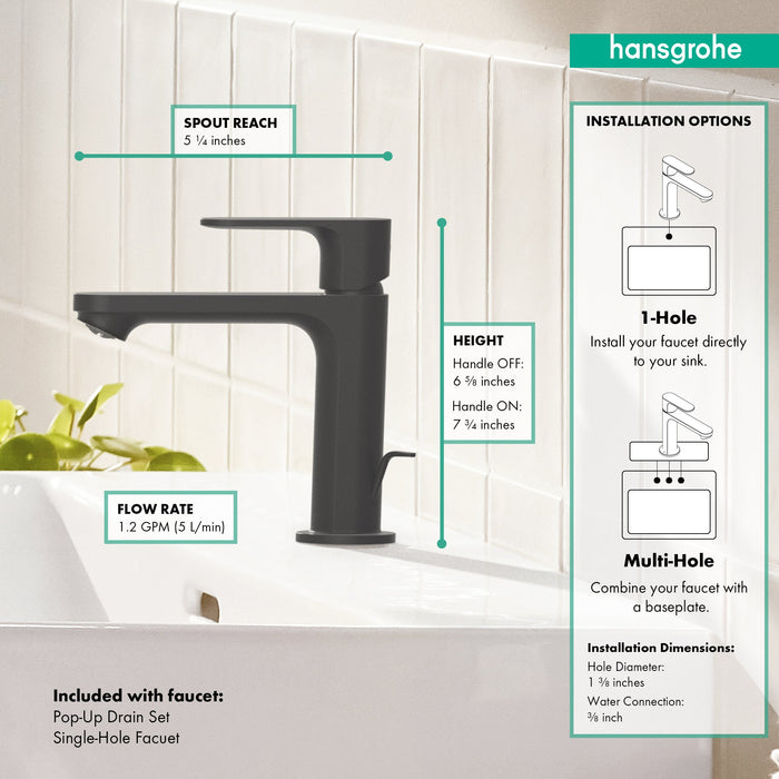 hansgrohe Rebris S Single-Hole Faucet 110 with Pop-Up Drain, 1.2 GPM, matte black - view 3
