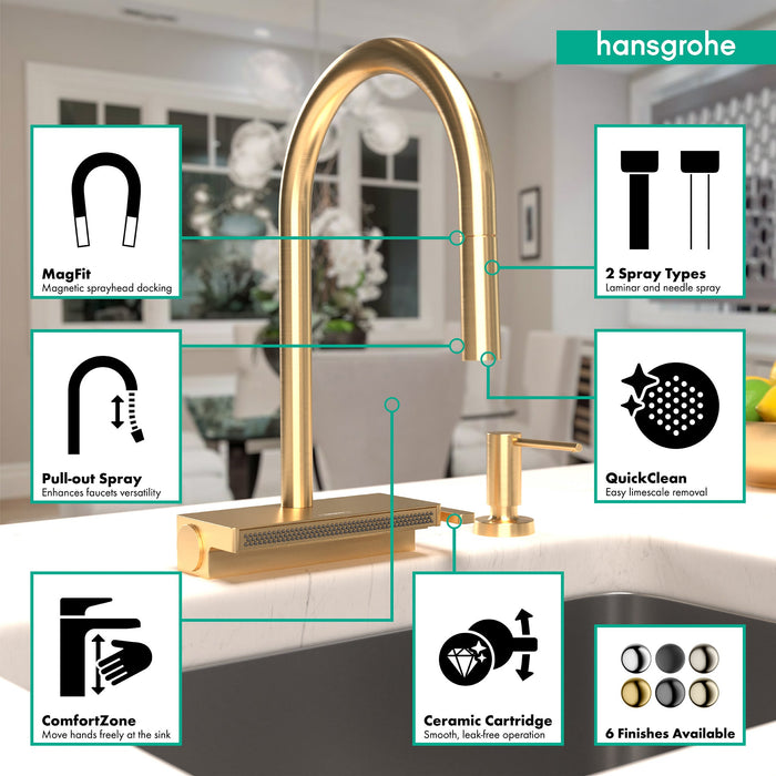 hansgrohe Aquno Select HighArc Kitchen Faucet, 3-Spray Pull-Down, 1.75 GPM, brushed gold optic - view 3