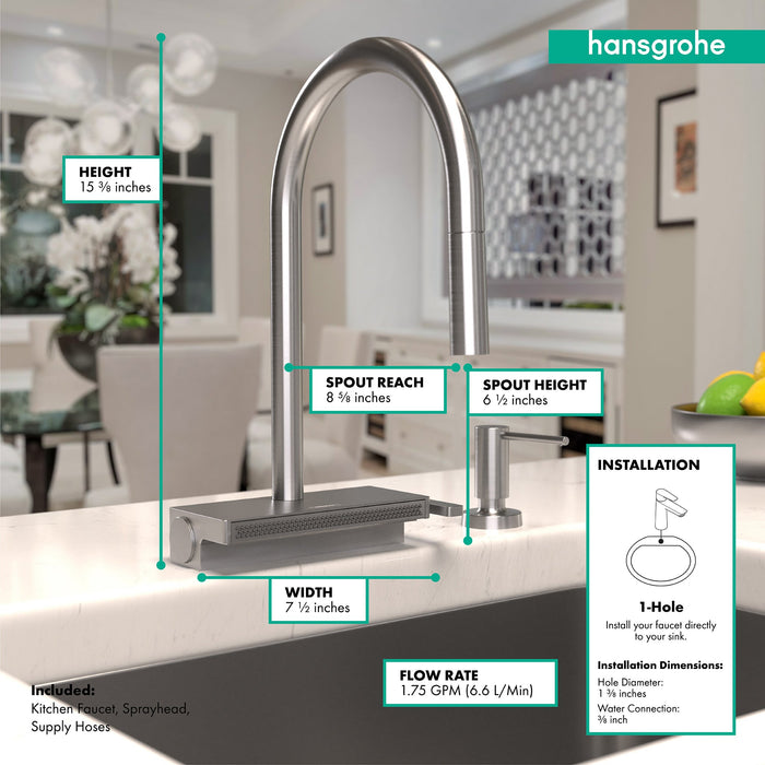 hansgrohe Aquno Select HighArc Kitchen Faucet, 3-Spray Pull-Down, 1.75 GPM, stainless steel optic - view 4