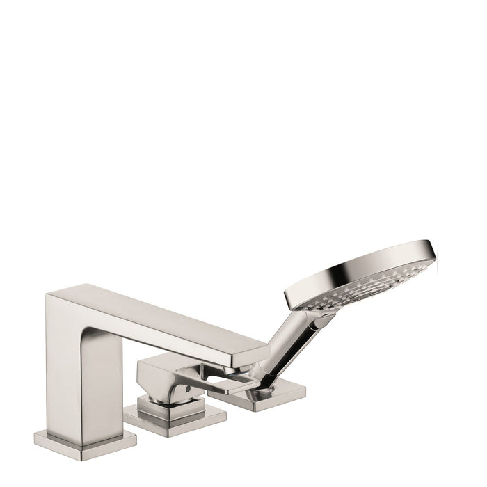 hansgrohe Metropol 3-Hole Roman Tub Set Trim with Loop Handle and 1.75 GPM Handshower, brushed nickel