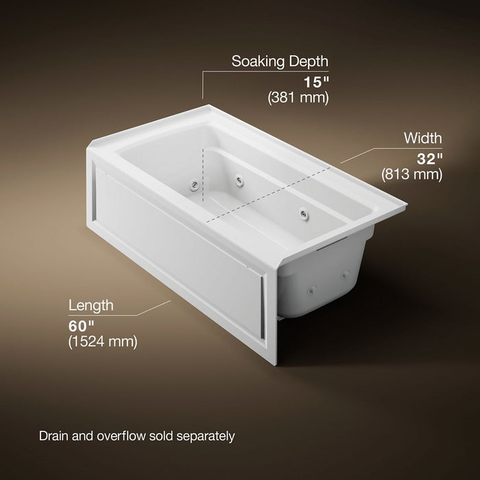 KOHLER K-1122-HR Archer 60" x 32" alcove heated whirlpool bath, right drain, white - view 5