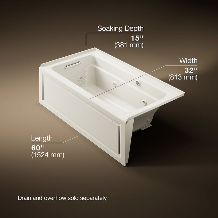 KOHLER K-1122-LAW Archer 60" x 32" alcove whirlpool bath with Bask heated surface, alcove left drain