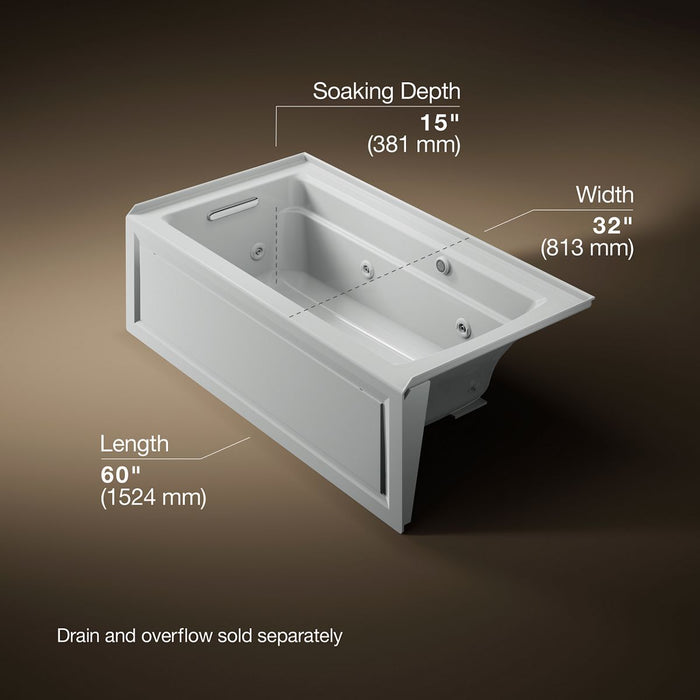 KOHLER K-1122-LAW Archer 60" x 32" alcove whirlpool bath with Bask heated surface, alcove left drain
