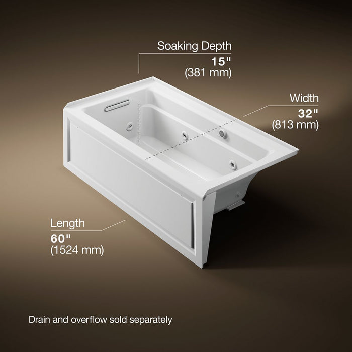KOHLER K-1122-LAW Archer 60" x 32" alcove whirlpool bath with Bask heated surface, alcove left drain