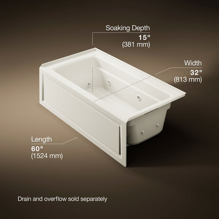 KOHLER K-1122-RA Archer 60" x 32" alcove whirlpool bath right drain, biscuit - view 5