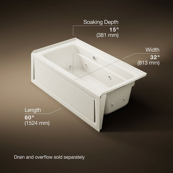 KOHLER K-1122-RAW Archer 60" x 32" alcove whirlpool bath with Bask heated surface, right drain, biscuit - view 5