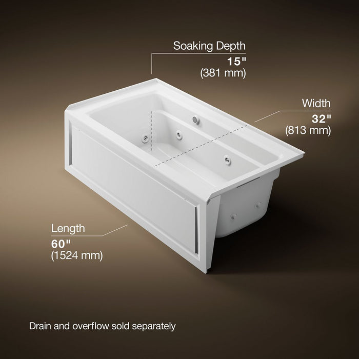 KOHLER K-1122-RAW Archer 60" x 32" alcove whirlpool bath with Bask heated surface, right drain, white - view 5