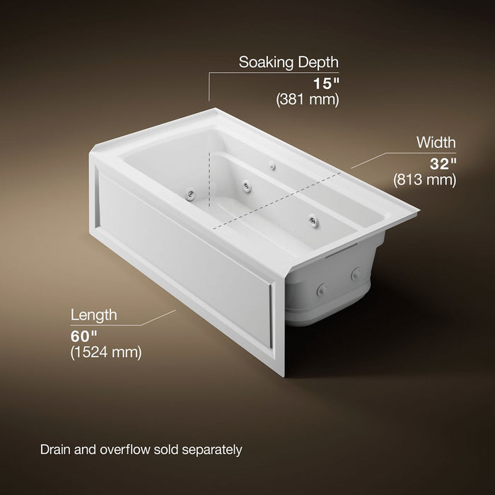 KOHLER K-1122-XGHRA Archer 60" x 32" alcove Heated BubbleMassage air bath and whirlpool, right drain, white - view 4