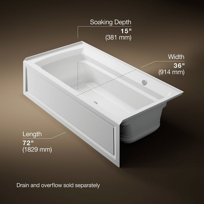 KOHLER K-1124-GHRAW Archer 72" x 36" alcove Heated BubbleMassage air bath with Bask heated surface, right drain
