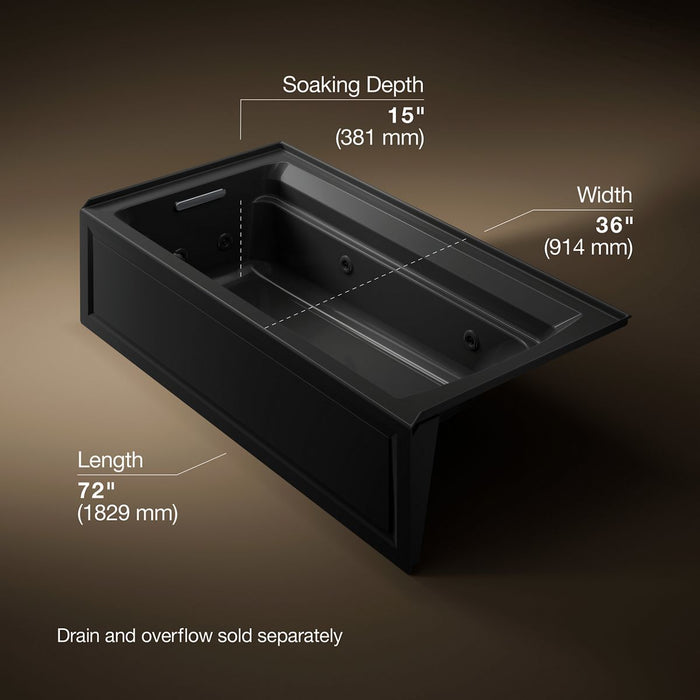 KOHLER K-1124-HL Archer 72" x 36" alcove whirlpool bath with alcove, left drain, black black - view 5