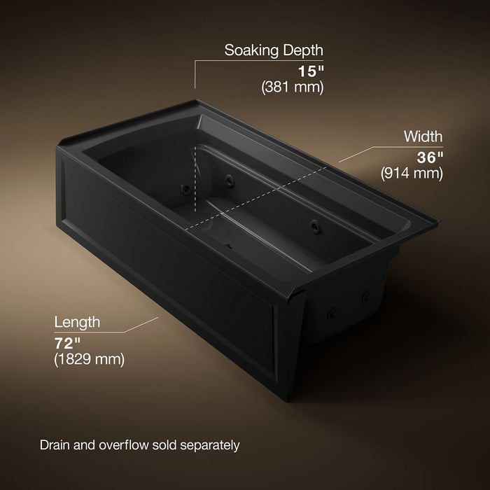 KOHLER K-1124-HR Archer 72" x 36" alcove whirlpool bath, right drain, black black - view 4