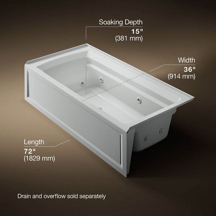 KOHLER K-1124-HR Archer 72" x 36" alcove whirlpool bath, right drain, ice grey - view 5