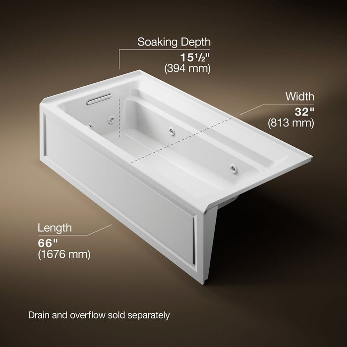 KOHLER K-1124-LA Archer 72" x 36" alcove whirlpool bath with alcove, left drain, white - view 5