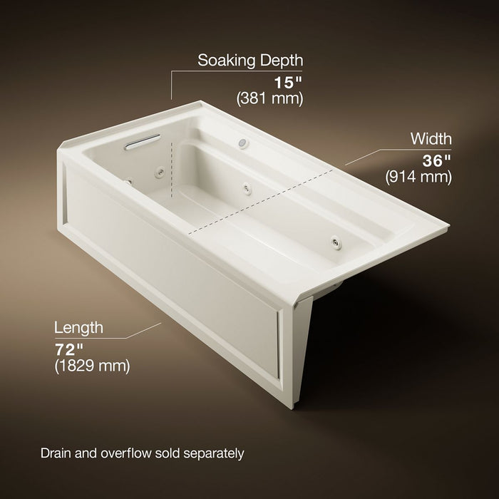 KOHLER K-1124-LAW Archer 72" x 36" alcove whirlpool bath with Bask heated surface, left drain, biscuit - view 5