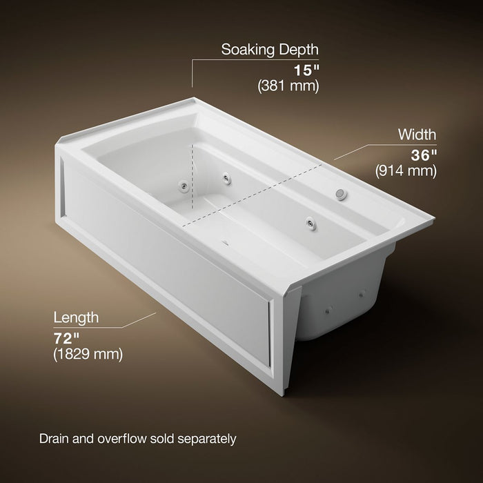 KOHLER K-1124-RAW Archer 72" x 36" alcove whirlpool bath with Bask heated surface, right drain, white - view 5