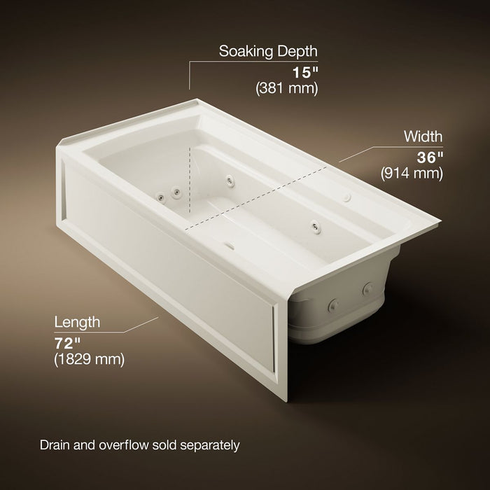 KOHLER K-1124-XGHRA Archer 72" x 36" alcove Heated BubbleMassage air bath and whirlpool, right drain