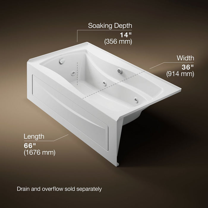 KOHLER K-1224-LAW Mariposa 66" x 36" alcove whirlpool bath with Bask heated surface, left drain, white - view 3
