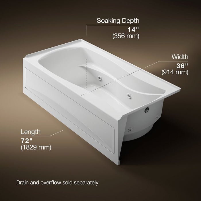 KOHLER K-1257-RA Mariposa 72" x 36" alcove whirlpool bath, right drain, white - view 5