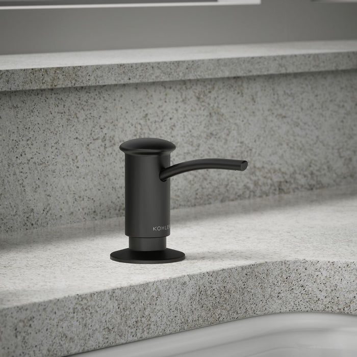 KOHLER K-1895-C Contemporary Design Soap/lotion Dispenser, Matte Black - Shows close up detail of product in room
