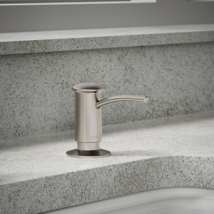 KOHLER K-1895-C Contemporary Design Soap/lotion Dispenser, Vibrant Stainless - Shows close up detail of product in room