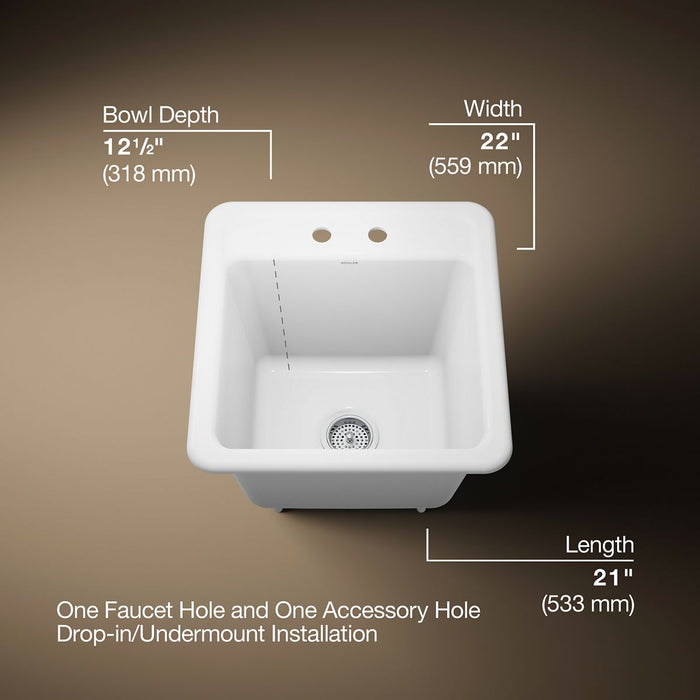 KOHLER K-19022-2 Park Falls 21" top-/undermount single-bowl utility sink, white - view 5