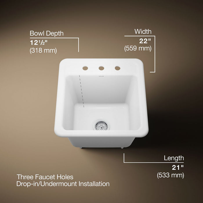 KOHLER K-19022-3 Park Falls 21" top-/undermount single-bowl utility sink, white - view 5