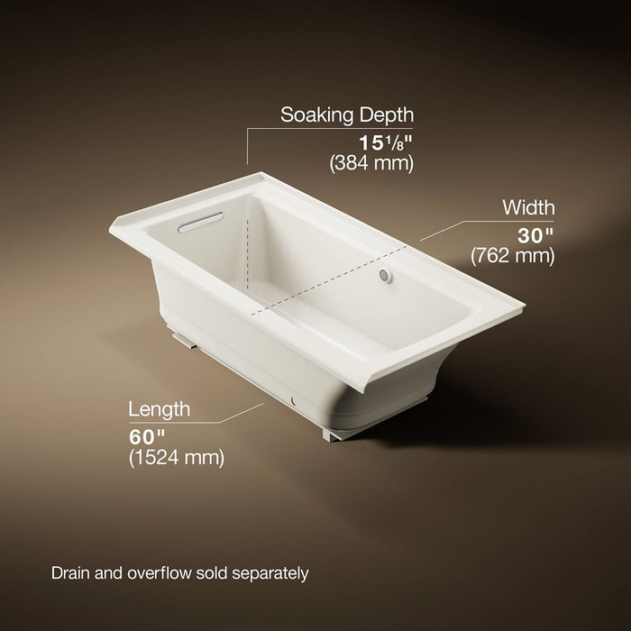 KOHLER K-1947-GHLW Archer 60" x 30" alcove Heated BubbleMassage air bath with Bask heated surface, left drain, biscuit -...