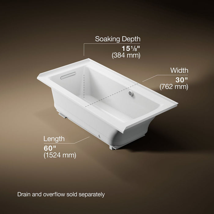 KOHLER K-1947-GHLW Archer 60" x 30" alcove Heated BubbleMassage air bath with Bask heated surface, left drain, white - view 4