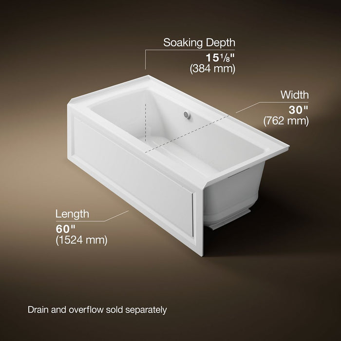 KOHLER K-1947-GHRAW Archer 60" x 30" alcove Heated BubbleMassage air bath with Bask heated surface, right drain, white -...