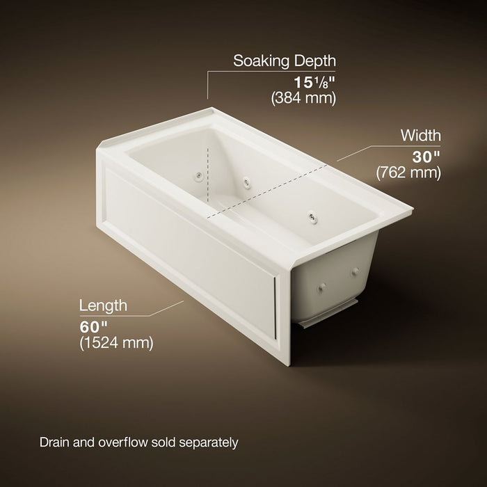 KOHLER K-1947-HRA Archer 60" x 30" alcove heated whirlpool bath, right drain, biscuit - view 5